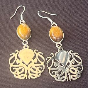Cthulhu earrings, silver kraken earrings, octopus earrings, tigers eye earrings